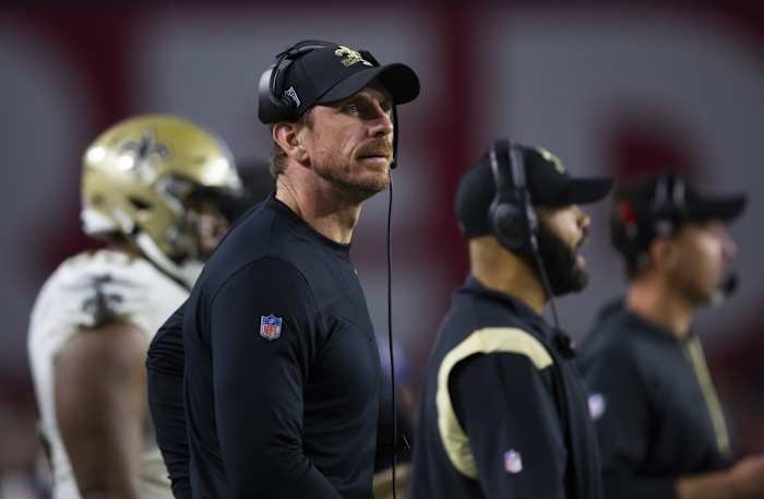 New Orleans Saints co-defensive coordinator Ryan Nielsen against the Arizona Cardinals. Mandatory Credit: Mark J. Rebilas-USA TODAY Sports
